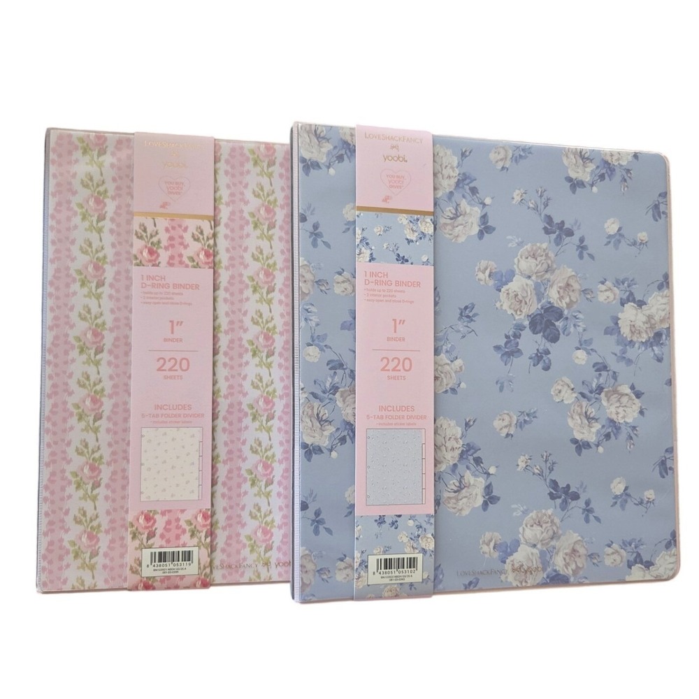LoveShackFancy x Yoobi Binders Set of 2 1" Blue Pink New Floral D-Ring 220 Sheet